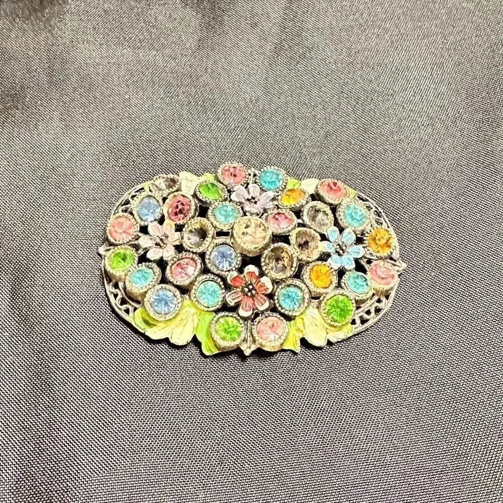Vintage 1940’s Little Nemo Rhinestone and Painted Floral Brooch